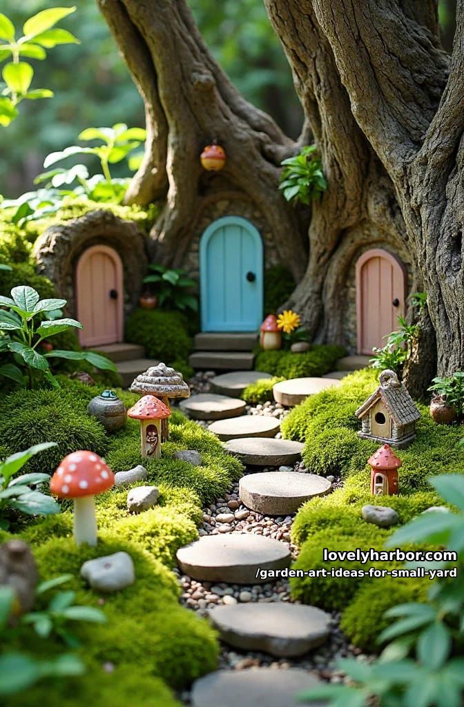 20 Creative Garden Art Ideas to Elevate Small Yards 6 fairy garden corner with tiny doors and mossy stepping stones 1