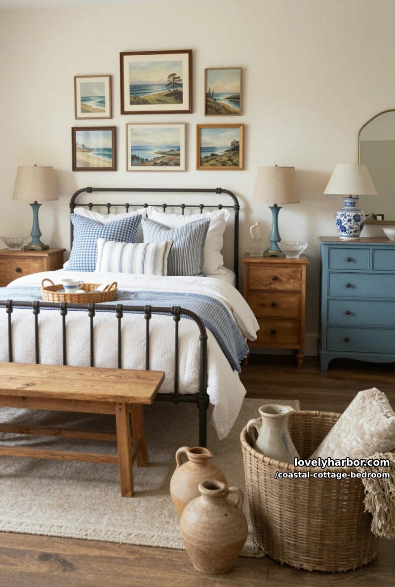 farmhouse bedroom with blue and white textiles, vintage furniture, and coastal art. 1