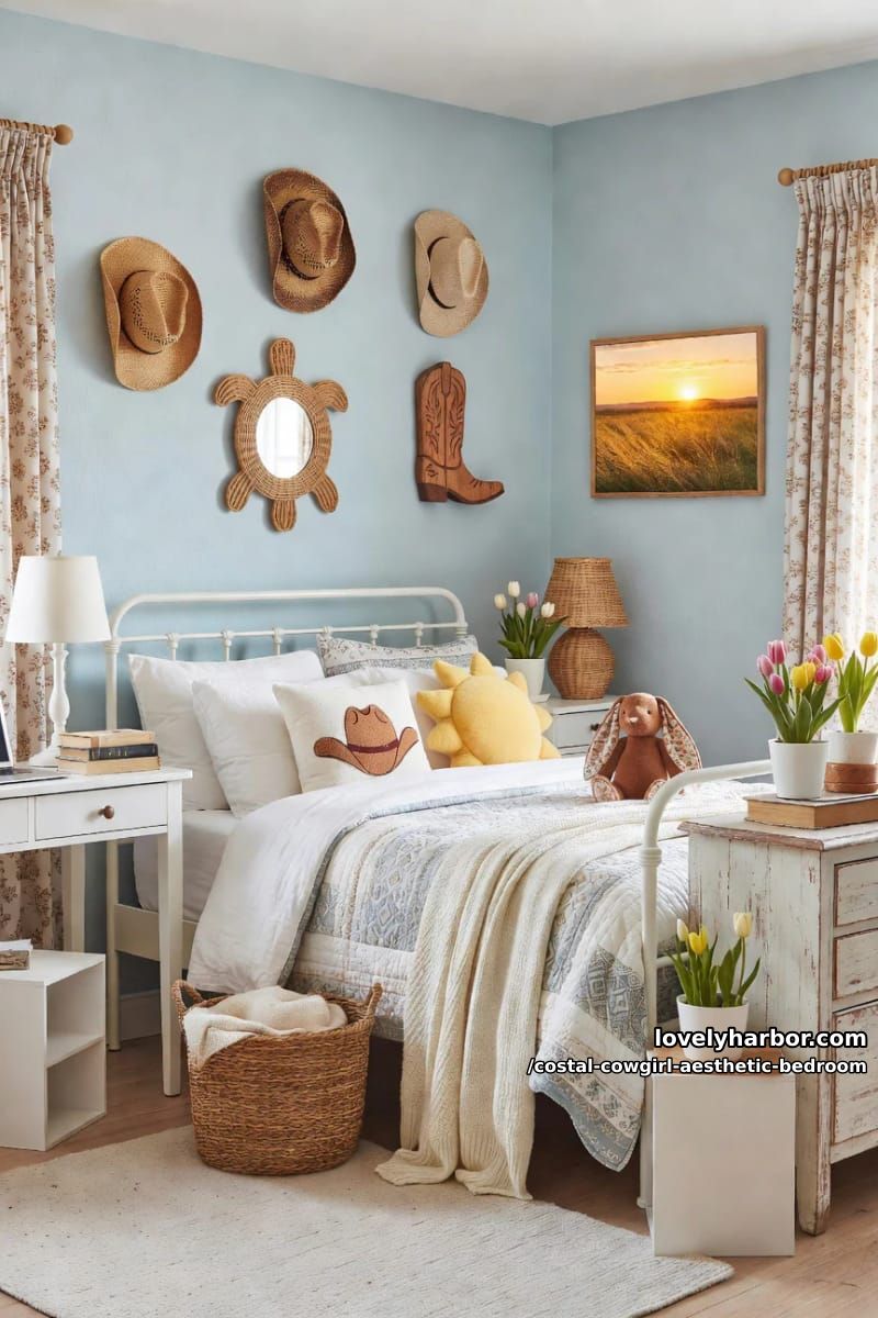 farmhouse bedroom with white bedding, woven hats, boot wall art, and soft fabrics 1