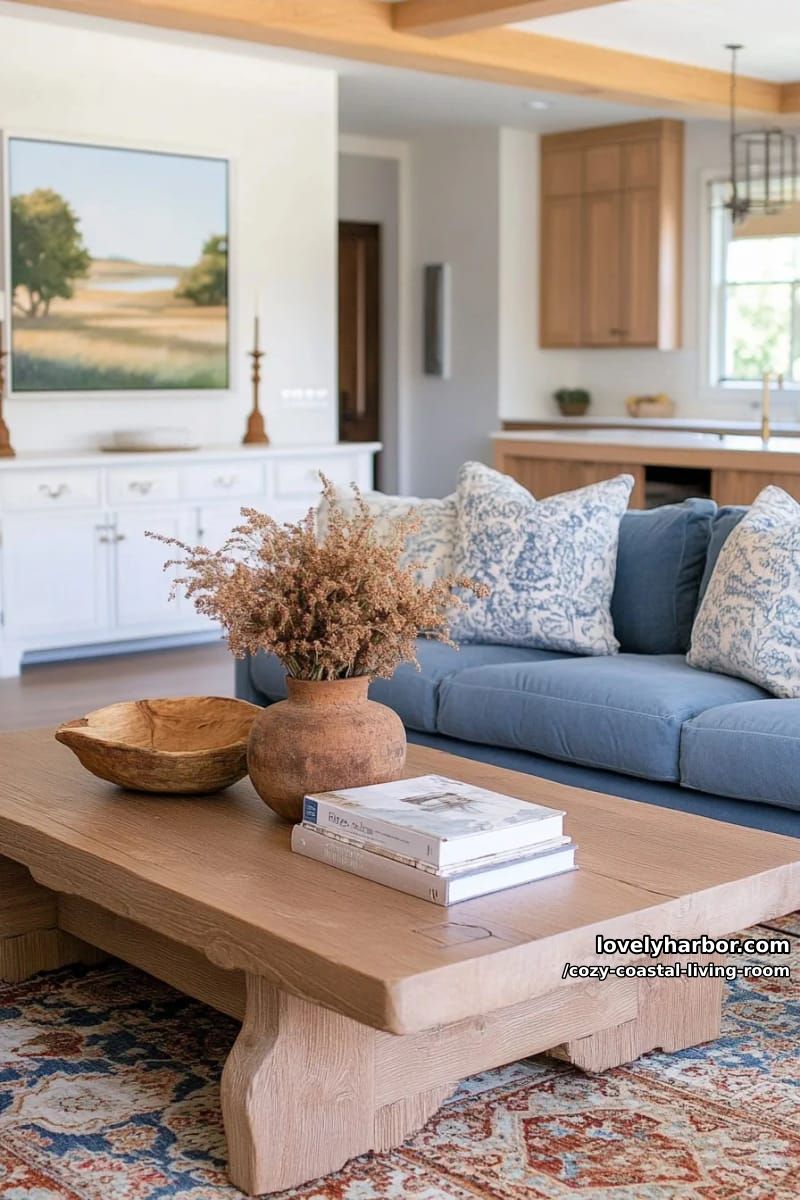farmhouse living room with wood coffee table, blue sofa, and exposed beams 1
