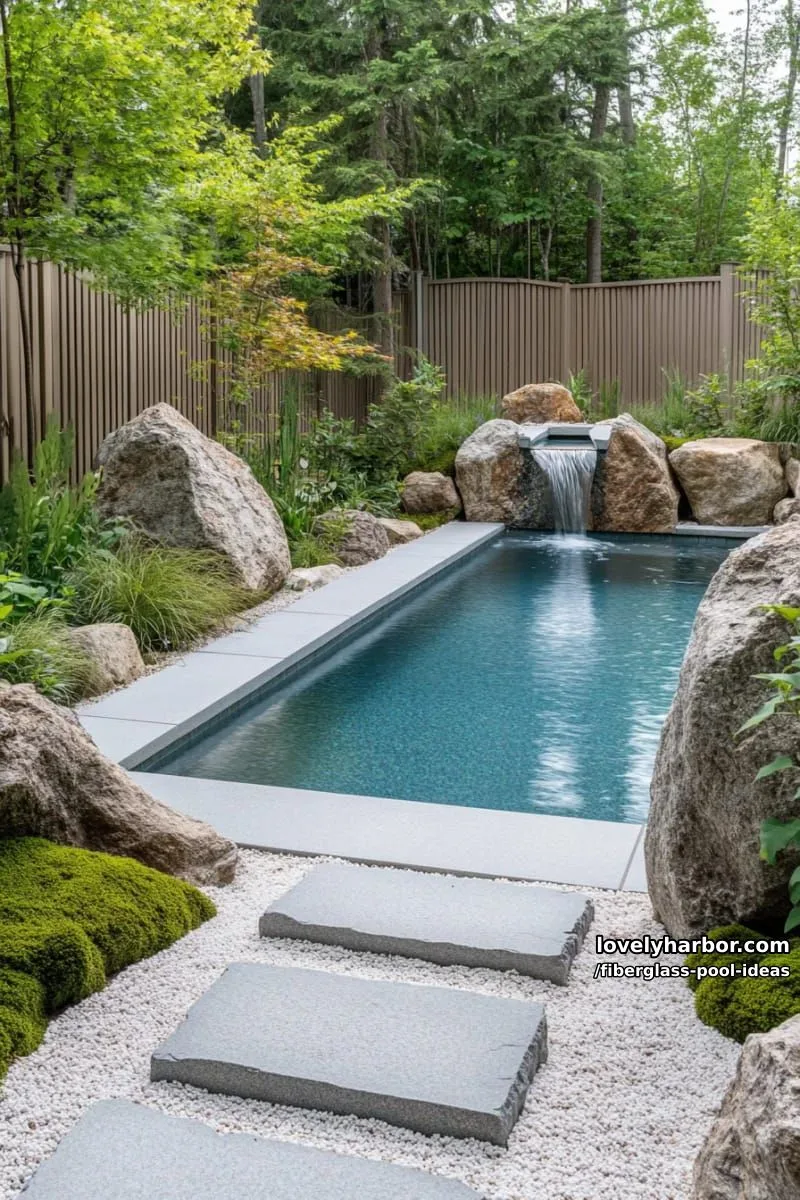 20 Fiberglass Pool Ideas for a Cozy Outdoor Retreat 2 fiberglass pool in a rocky zen garden with moss boulders, stepping stones, and stone water spout. 1