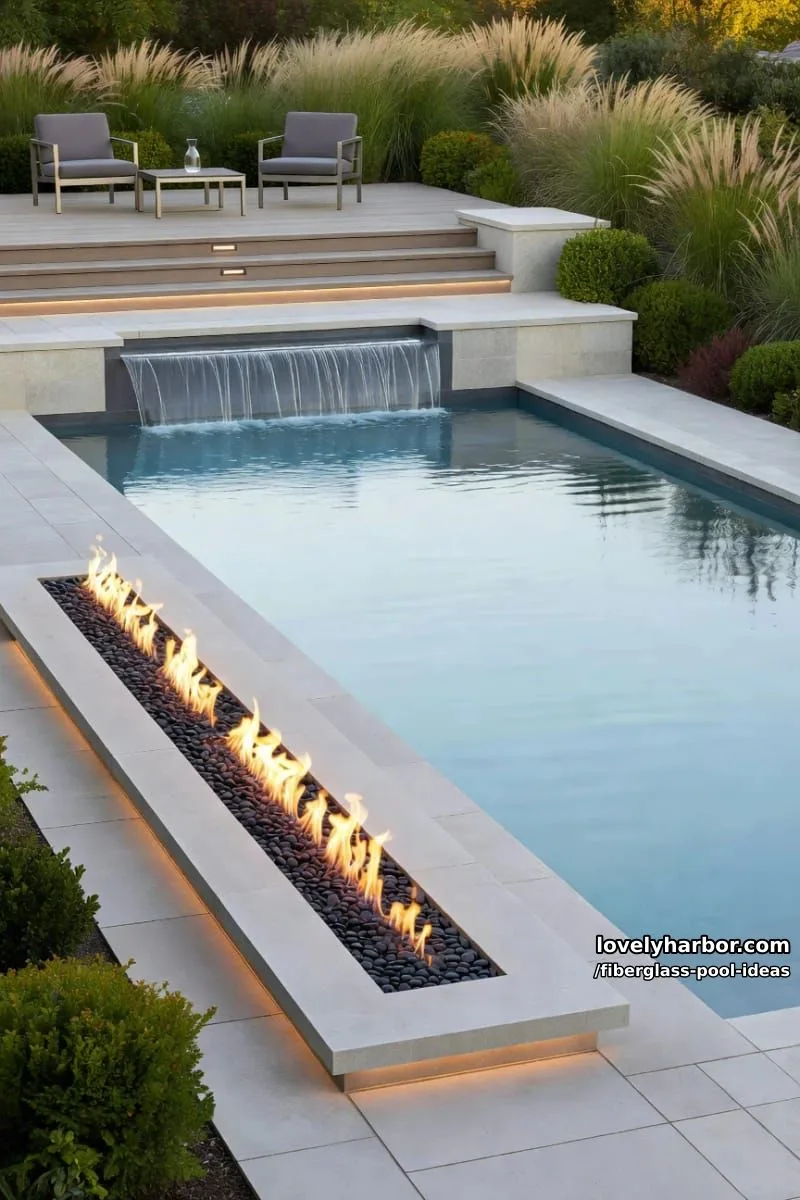 20 Fiberglass Pool Ideas for a Cozy Outdoor Retreat 21 fiberglass pool with linear fire pit, integrated waterfall edge, and raised terrace setting. 1