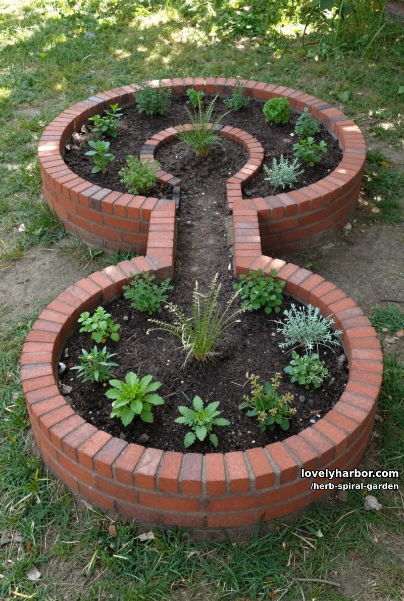 20 Unique Herb Spiral Garden Designs for Modern Yards 24 figure-eight raised brick garden bed with two circular planting sections. 1