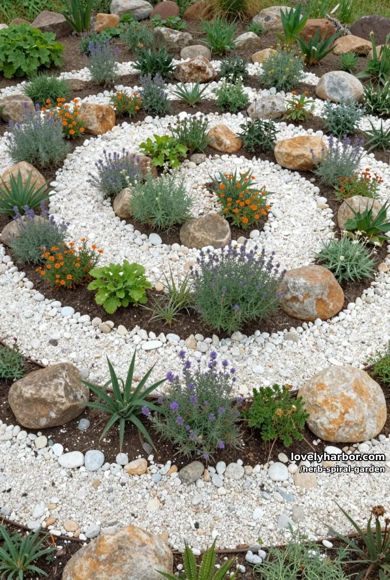 20 Unique Herb Spiral Garden Designs for Modern Yards 30 flat spiral herb garden with natural stone edging. 1