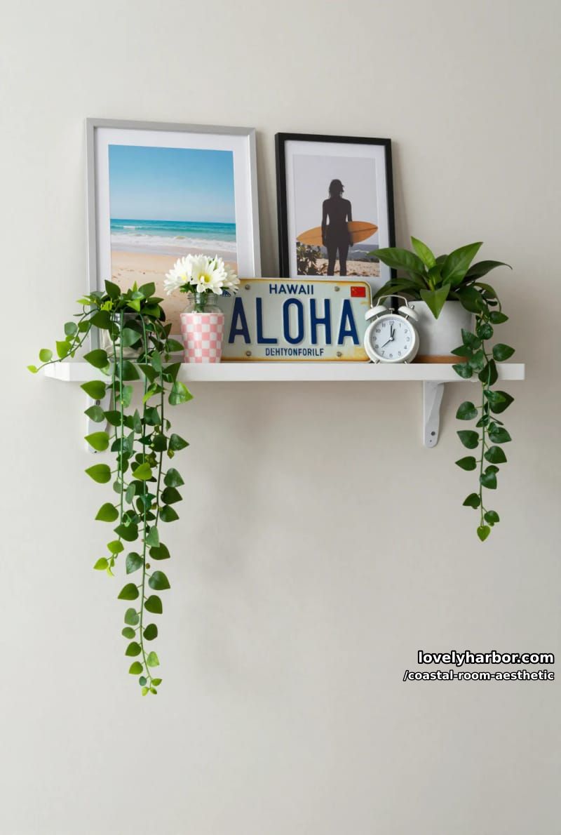 floating shelf with beach photos, hawaii license plate, and hanging houseplants. 1