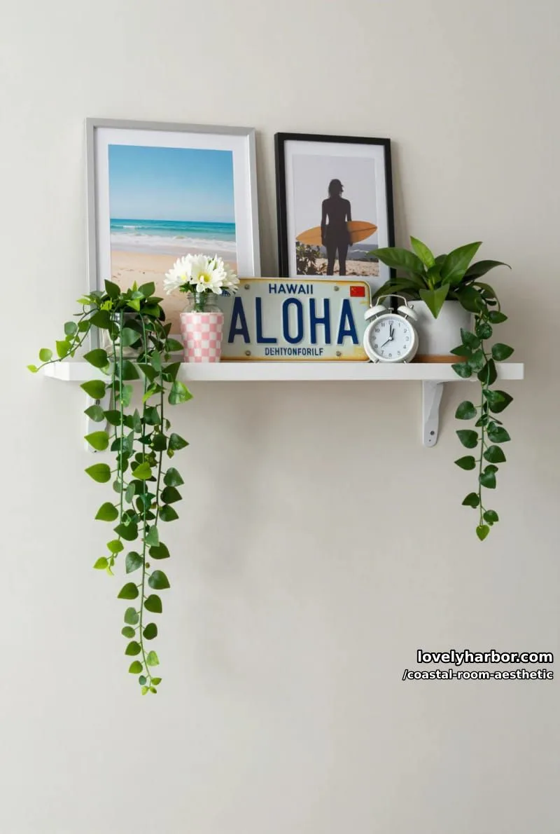 floating shelf with beach photos, hawaii license plate, and hanging houseplants. 1