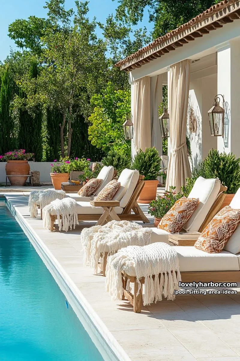 four wooden loungers with tassel blankets and terracotta pillows by pool. 1