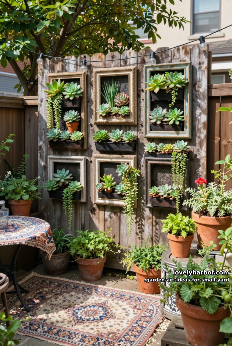 20 Creative Garden Art Ideas to Elevate Small Yards 10 framed vertical garden with repurposed vintage picture frames 1