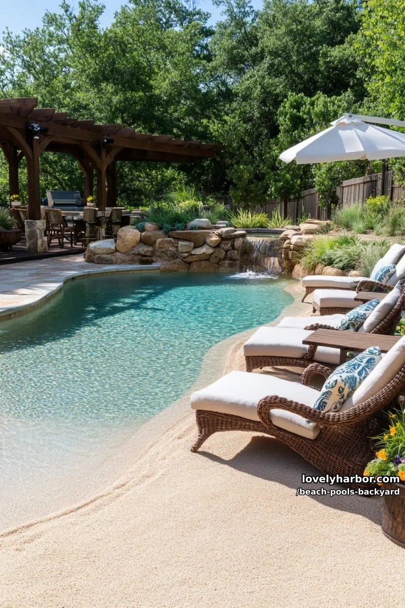 freeform natural pool with beach entry, rocks, wooden wall, and soft landscaping. 1