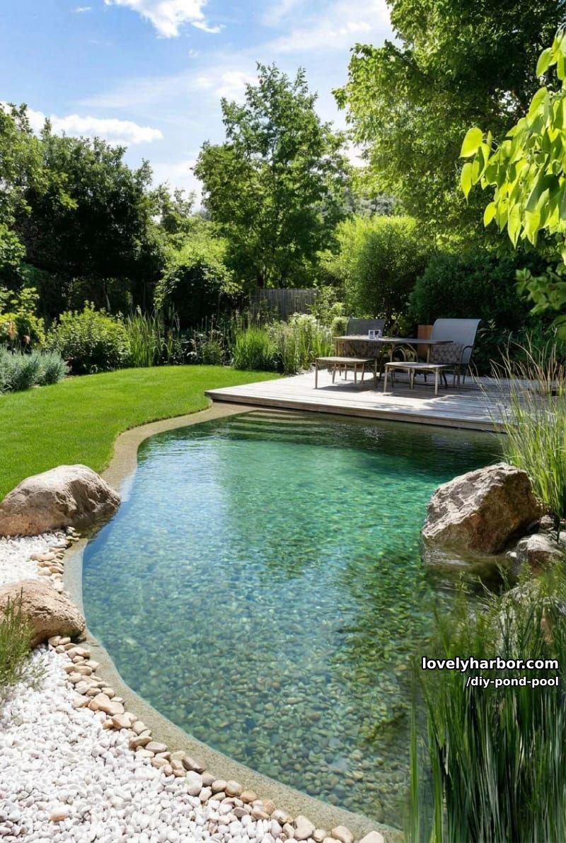freeform natural pool with pebbles, plants, and garden deck area 1