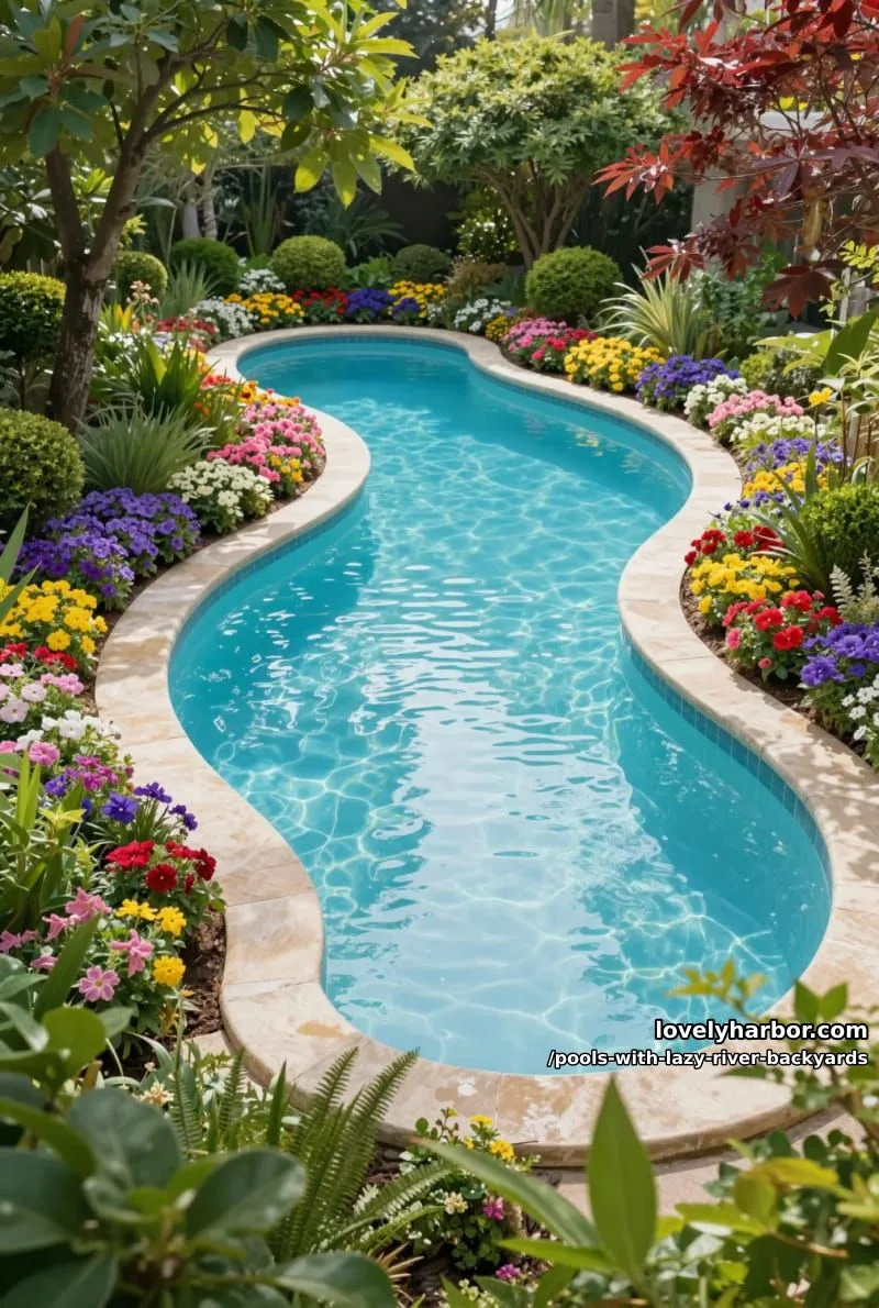 19 Pools with Lazy Rivers for Stunning Backyards 18 freeform pool meandering through vibrant flower gardens and lush foliage. 1