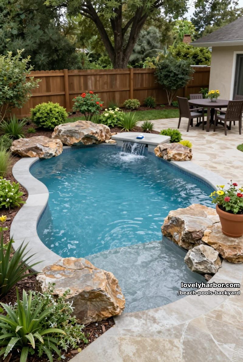 freeform pool with beach entry, stone and concrete borders, fountain, and patio. 1