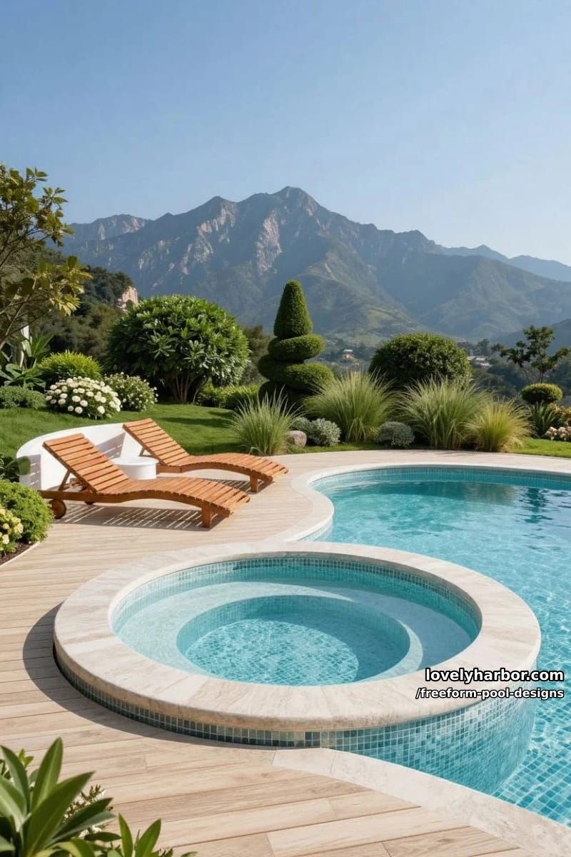 freeform pool with elevated hot tub, modern loungers, mountain view, and manicured landscape. 6