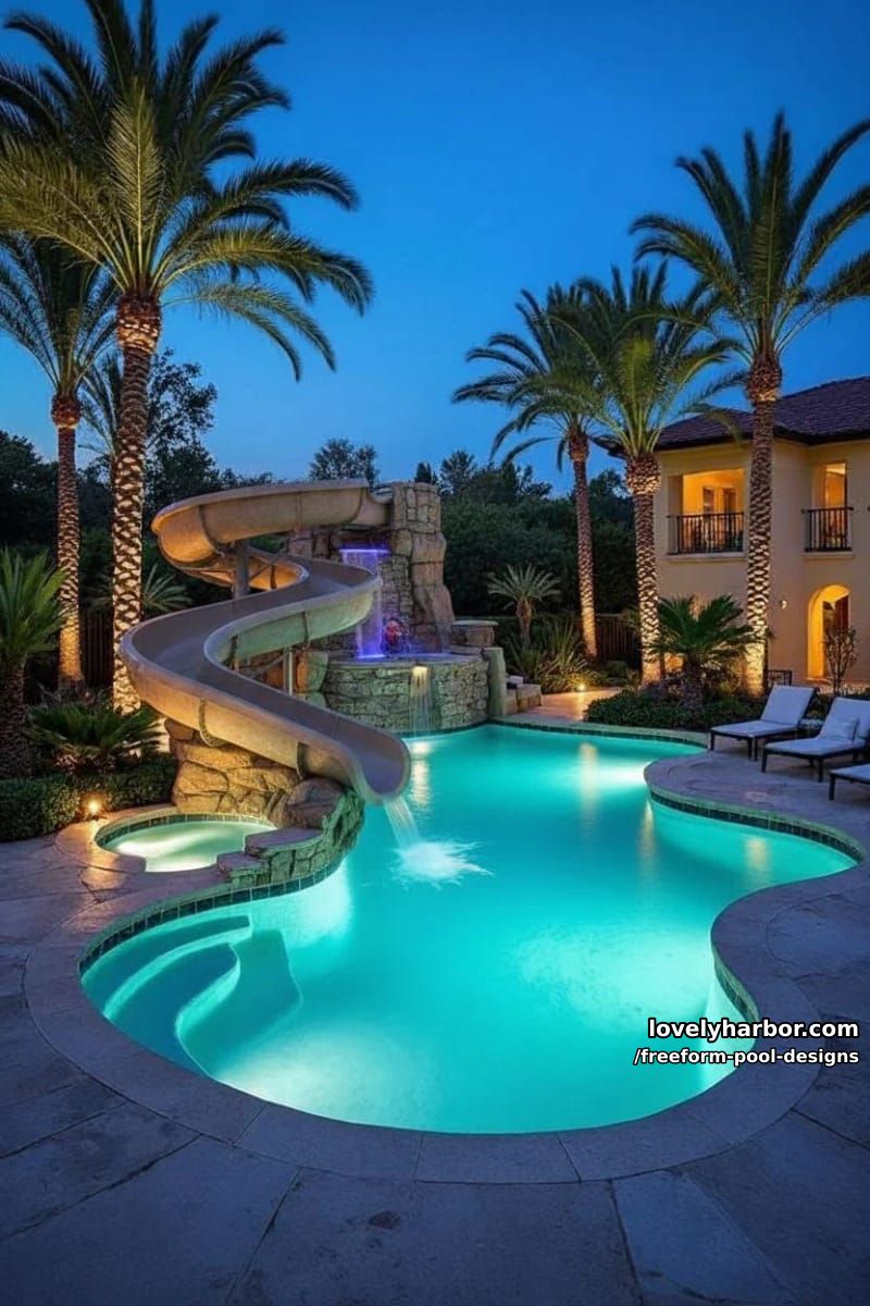 freeform pool with glowing lighting, spa, waterslide, fountains, and illuminated palms. 1