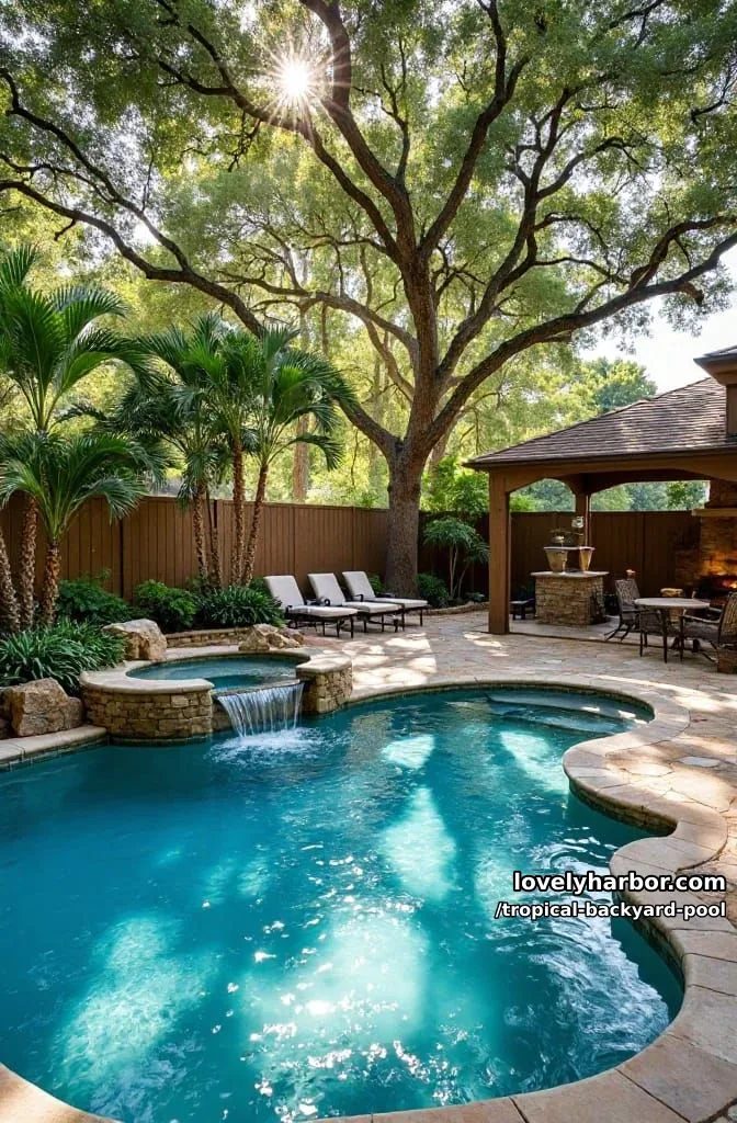 20 Tropical Backyard Pools That Feel Like a Resort 17 freeform pool with hot tub, dual waterfalls, stone seating, and fireplace 1