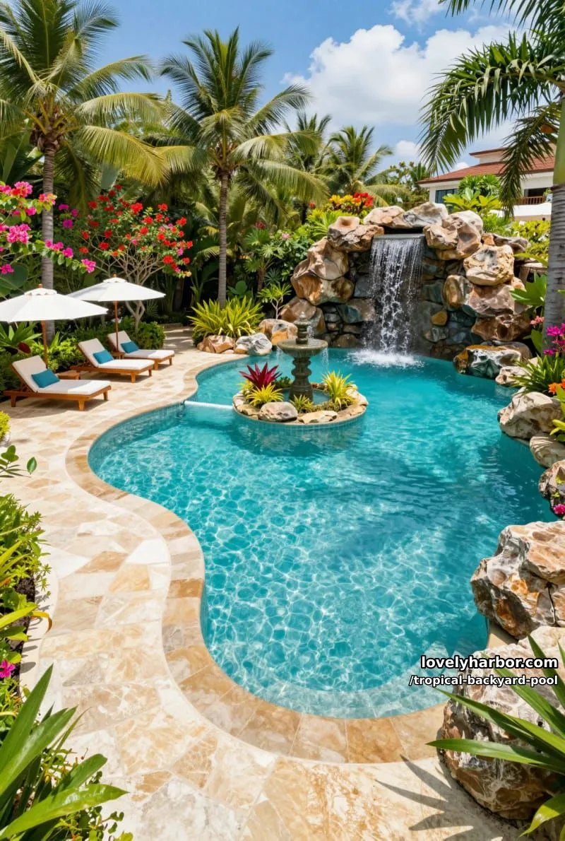 20 Tropical Backyard Pools That Feel Like a Resort 7 freeform pool with hot tub, stone planter fountain, and vibrant flowers 1