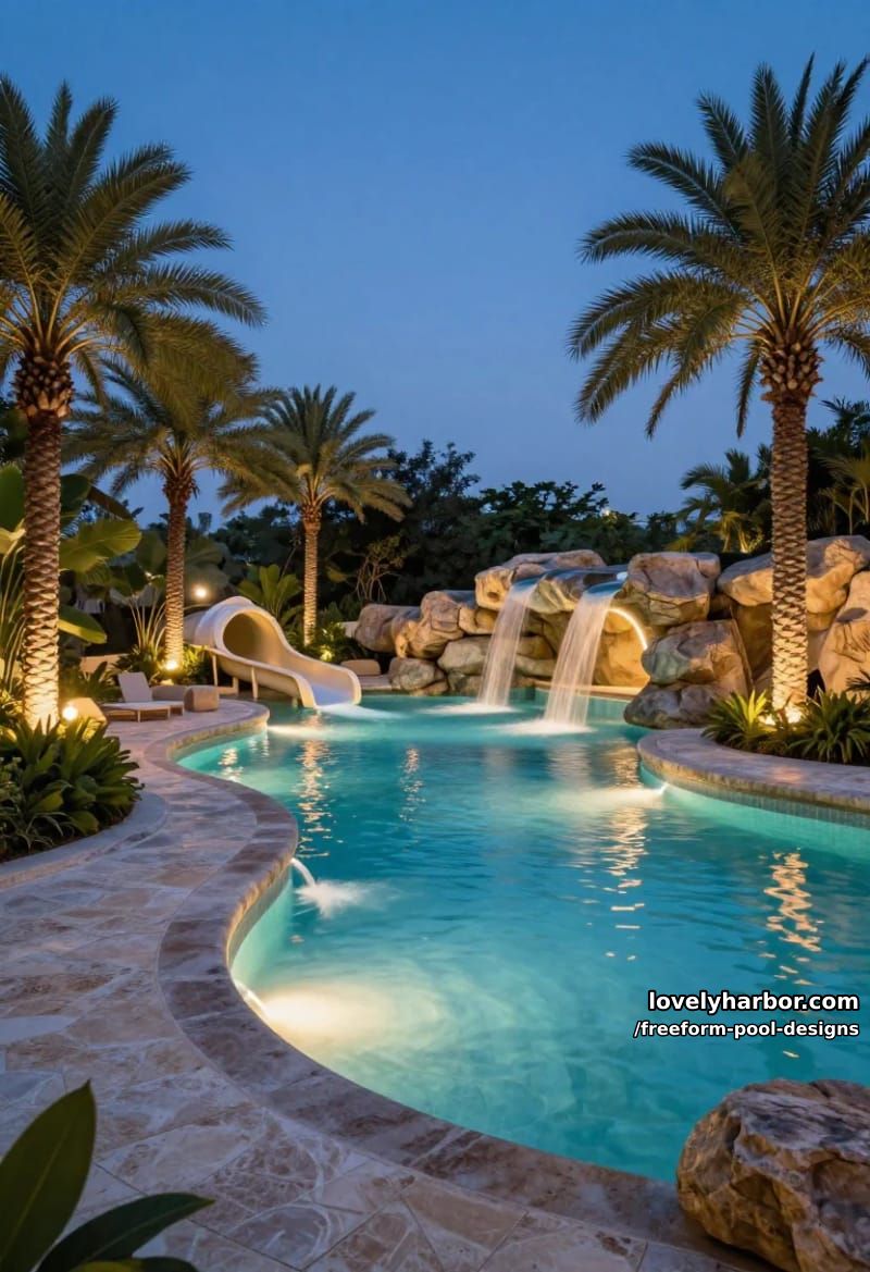 freeform pool with led lights, fountains, waterslide, palm trees, and tranquil evening lighting. 1