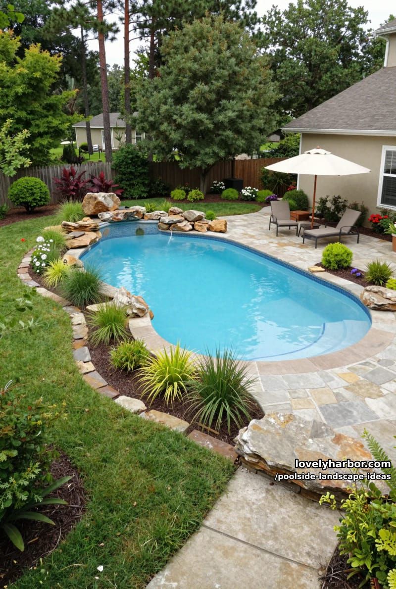 freeform pool with stone edging, manicured grass, and shaded seating area. 1