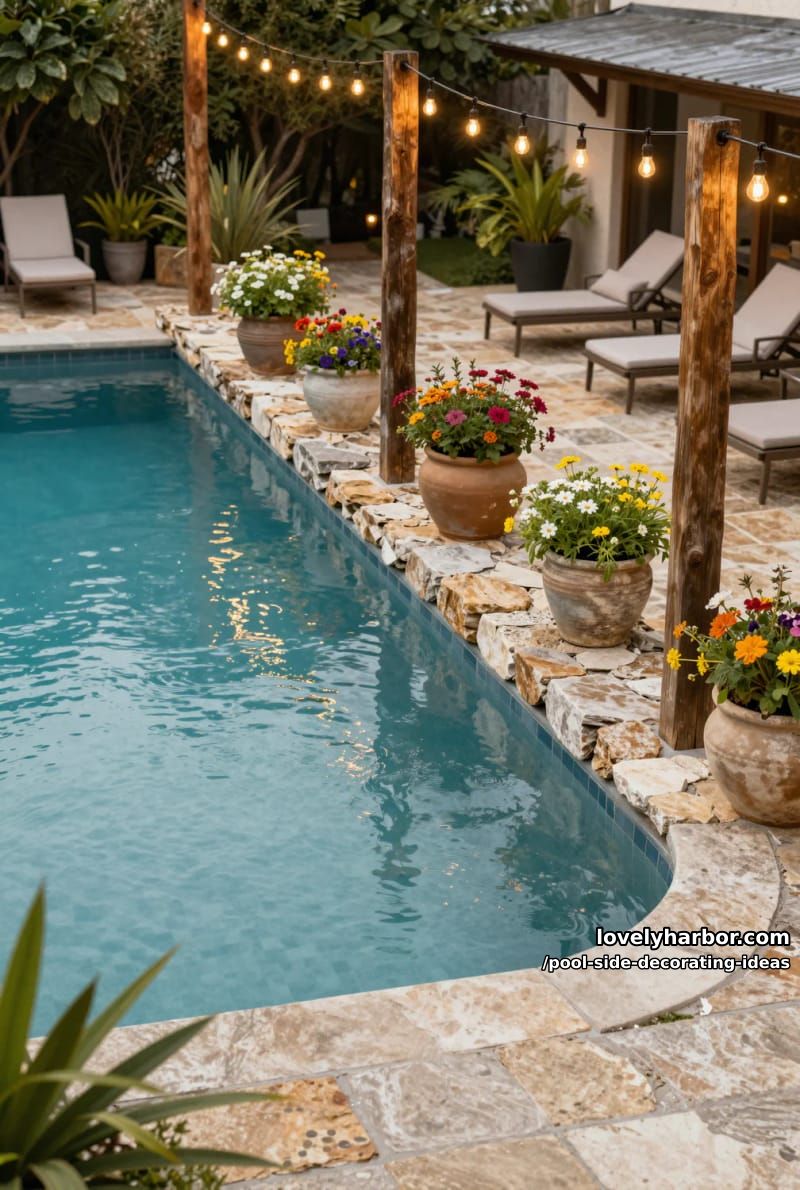 freeform pool with stone wall, wooden posts, flower pots, and edison string lights. 1