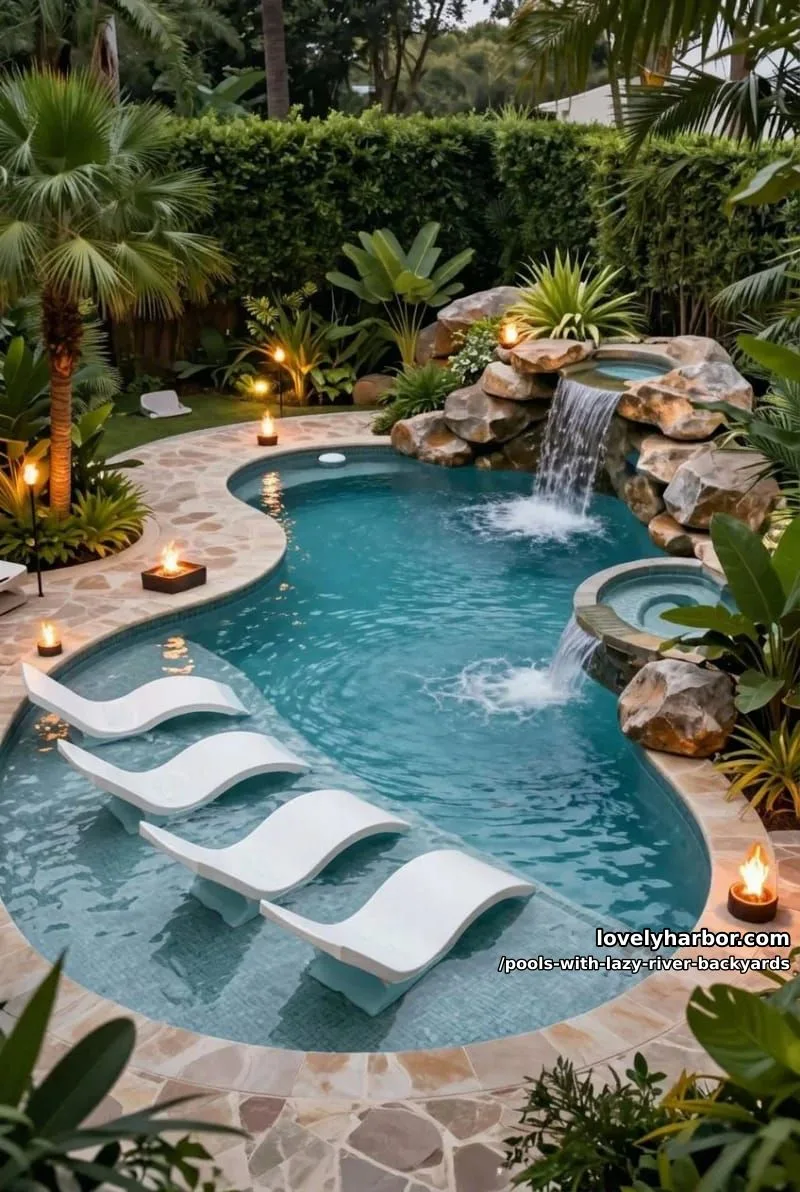 19 Pools with Lazy Rivers for Stunning Backyards 12 freeform pool with submerged loungers, spa, fire features, and waterfall. 1