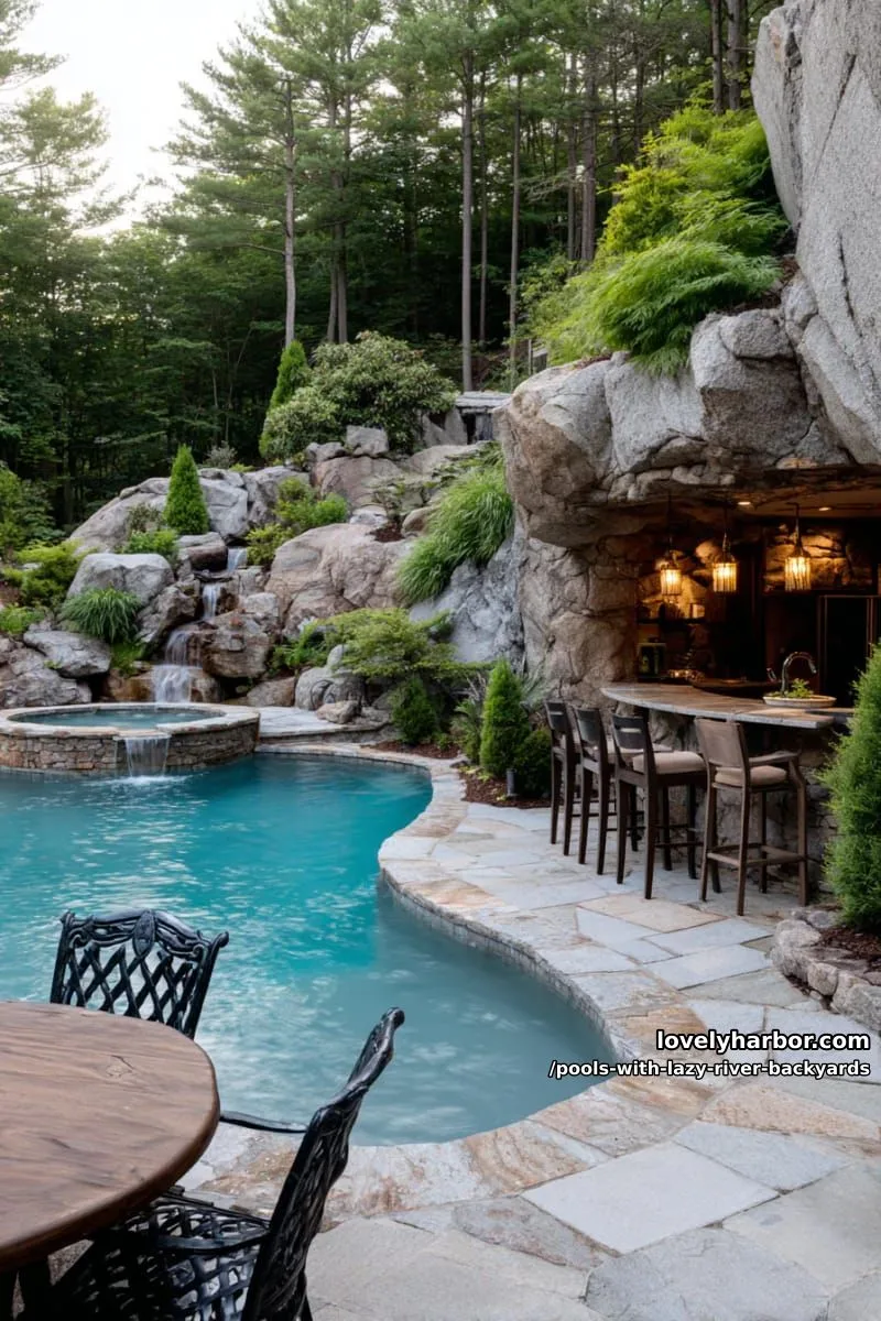 19 Pools with Lazy Rivers for Stunning Backyards 14 freeform pool with waterfall, hot tub, and cave bar grotto. 1