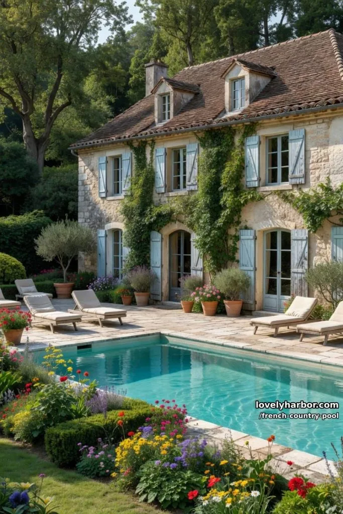 Pool 10 french country house with pool, stone patio, blue shutters, and lush garden beds. 5