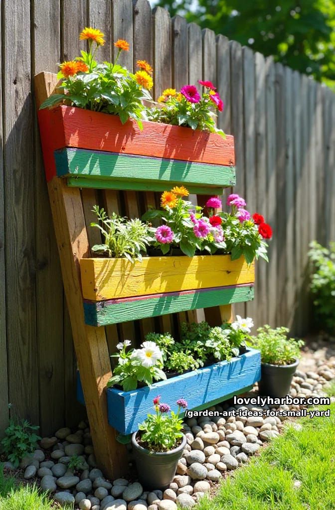 20 Creative Garden Art Ideas to Elevate Small Yards 20 funky painted pallet planter with rainbow stripes and annual blooms 1