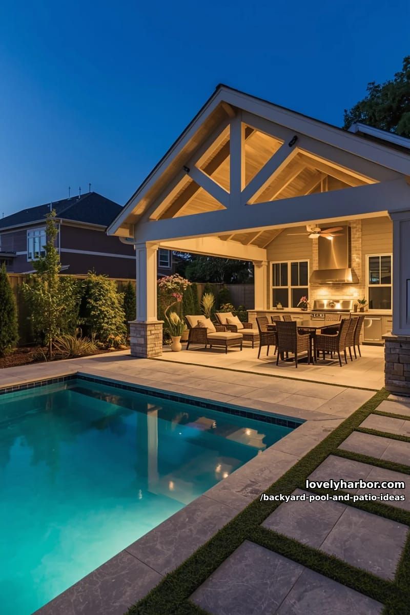 gabled roof patio, outdoor kitchen, wicker lounge, dining set, pool, landscaped garden. 1