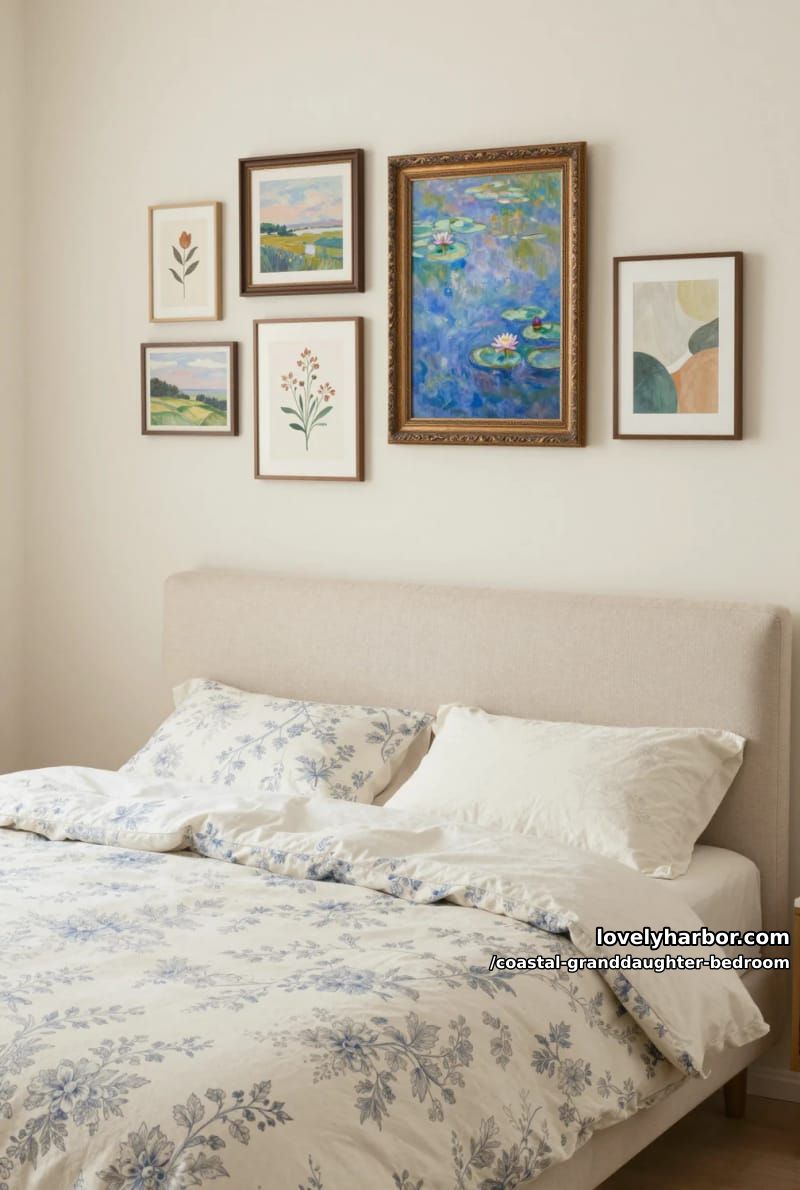 gallery wall bedroom with blue floral comforter and beige headboard, softly lit. 1