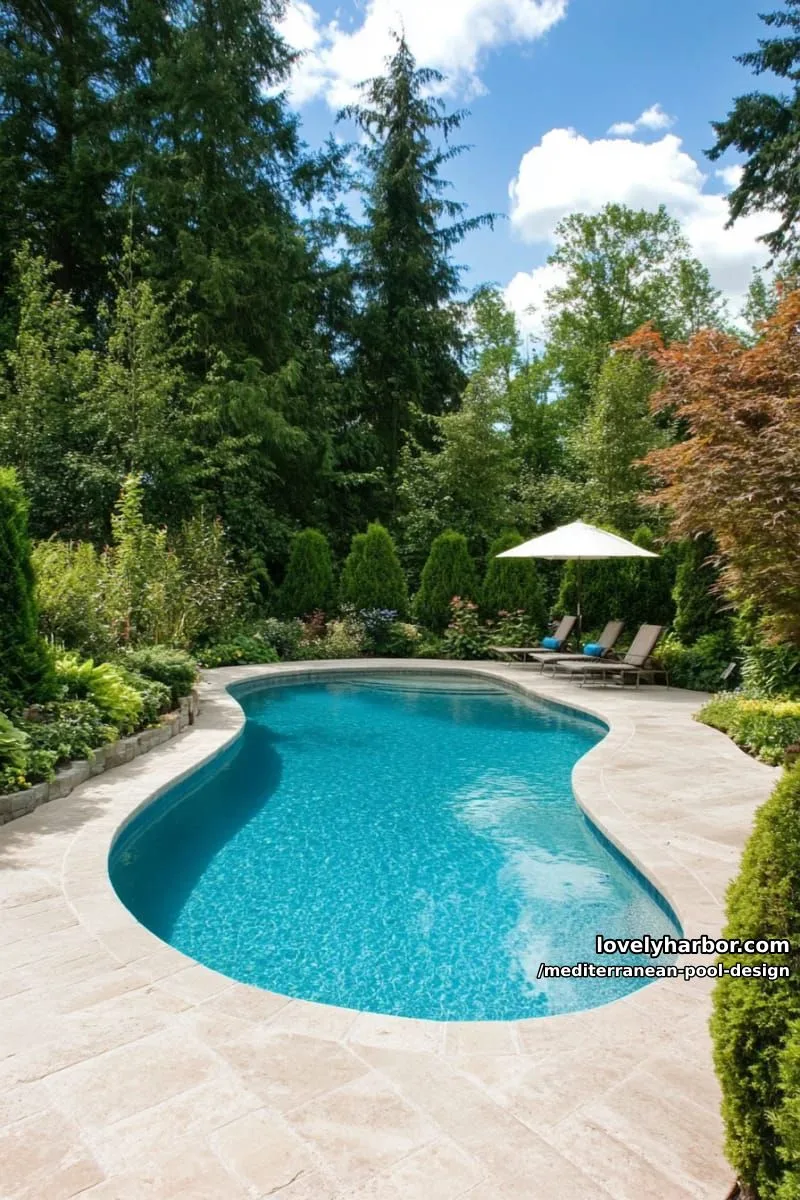 garden courtyard pool with boxwood shrubs, mature trees, and private lounge area. 1
