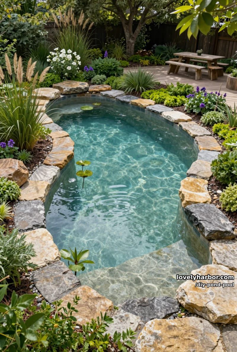 garden-integrated natural swimming pool with soft stone edges, layered planting, and flowing landscape design. 1