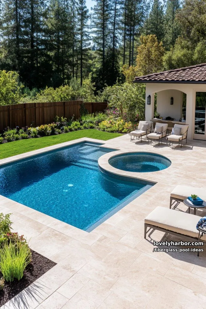 20 Fiberglass Pool Ideas for a Cozy Outdoor Retreat 12 geometric pool, attached hot tub, spacious patio, and landscaped garden. 1