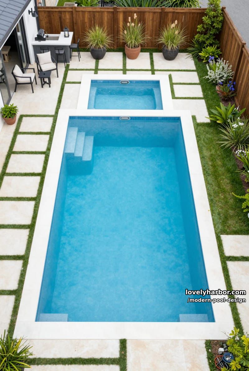geometric pool with hot tub, grass-paver tiles, outdoor lounge, and kitchen bar. 1