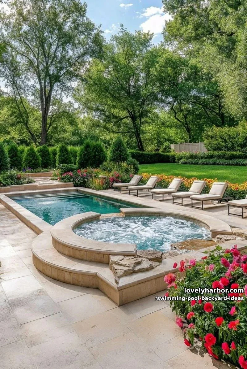 geometric pool with jacuzzi, modern loungers, and colorful flowering bushes 1