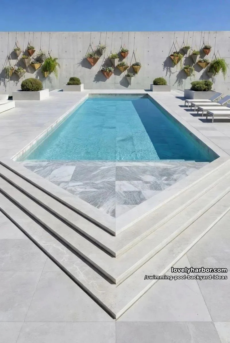 geometric pool with marbled tiles, concentric rectangle borders, and sharp layout 1