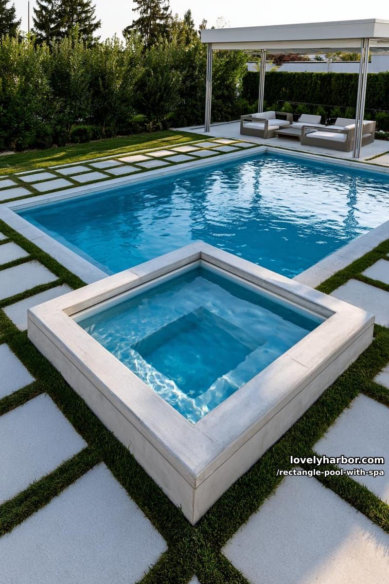 geometric pool with raised spa, grid paver patio, and covered seating. 1