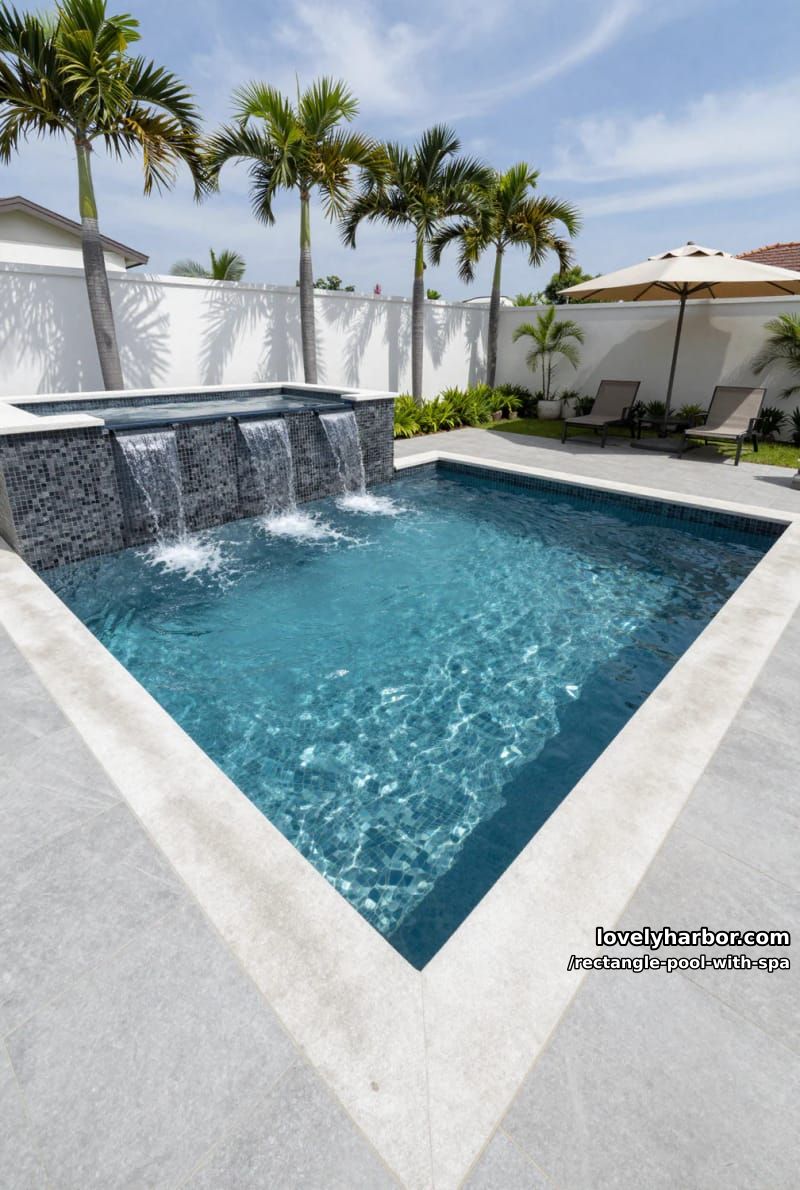 geometric pool with spa, waterfalls, palm trees, and gray stone decking. 1