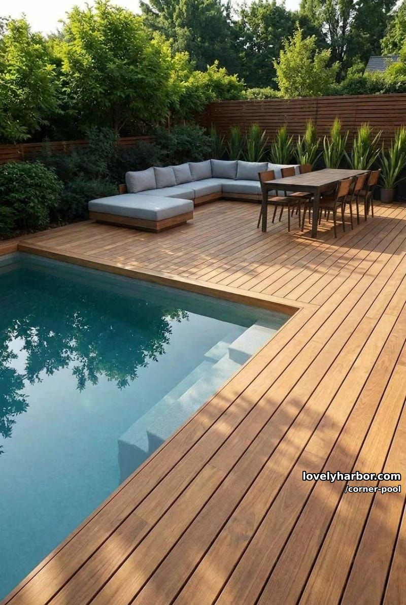 geometric wooden deck with pool, sectional sofa, and dining area 1