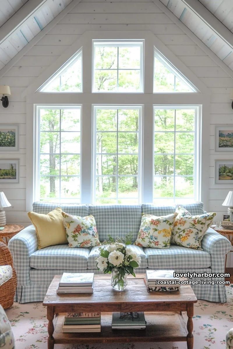 gingham sofa, floral pillows, beamed ceiling, wicker chairs, and cottage charm. 1