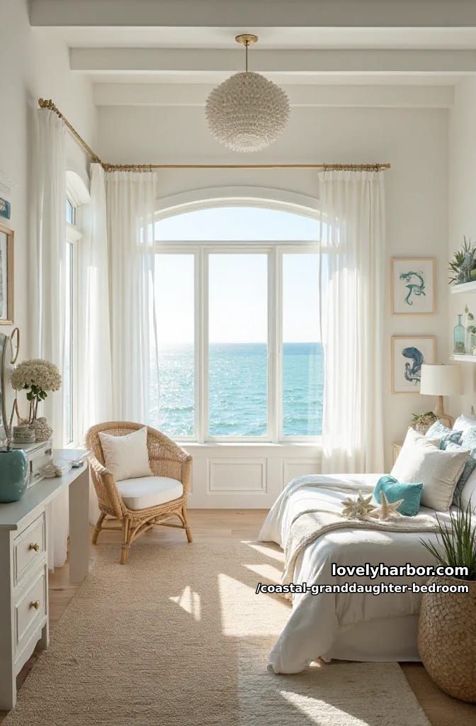 girl's coastal bedroom with shell pillows, vanity desk, papasan chair, and sea-inspired decor. 1