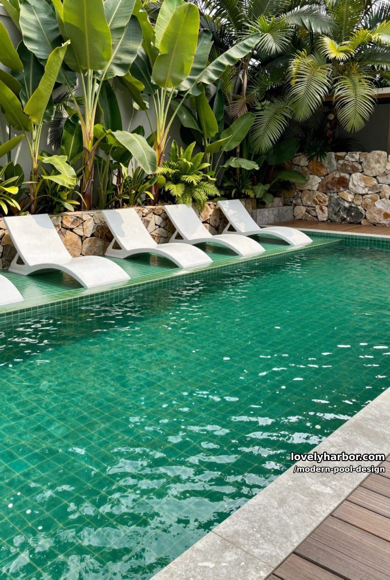 green-tiled pool with submerged loungers, tropical plants, and stone retaining wall. 1