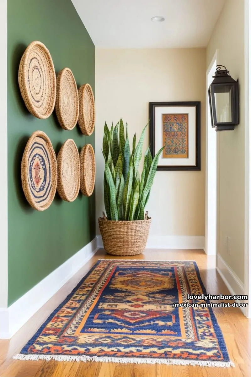 hallway with geometric rug, green accent wall, woven baskets, and potted plants. 1
