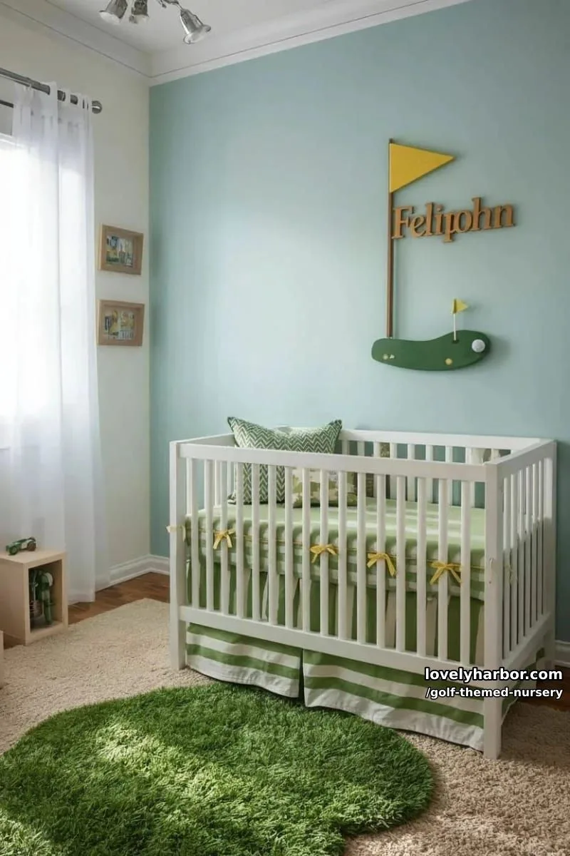 hand-painted wooden name sign shaped like a putting green flag 1