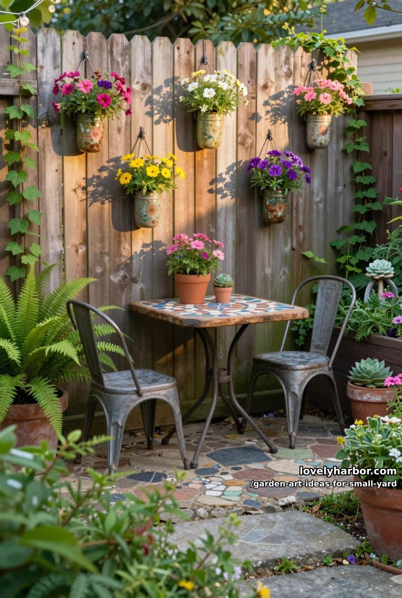 20 Creative Garden Art Ideas to Elevate Small Yards 12 hanging mason jar sconces filled with wildflowers on fences 1