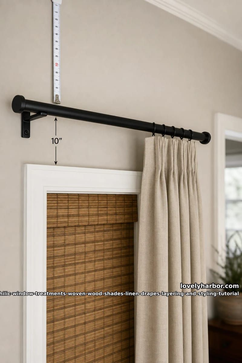 Biophilic Window Layering Tutorial for Woven Wood Shades and Linen Drapes 8 hardware and rod placement 1