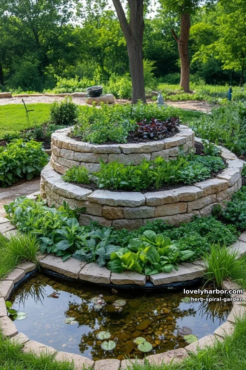 20 Unique Herb Spiral Garden Designs for Modern Yards 9 herb spiral with zones for different herbs and pond. 1