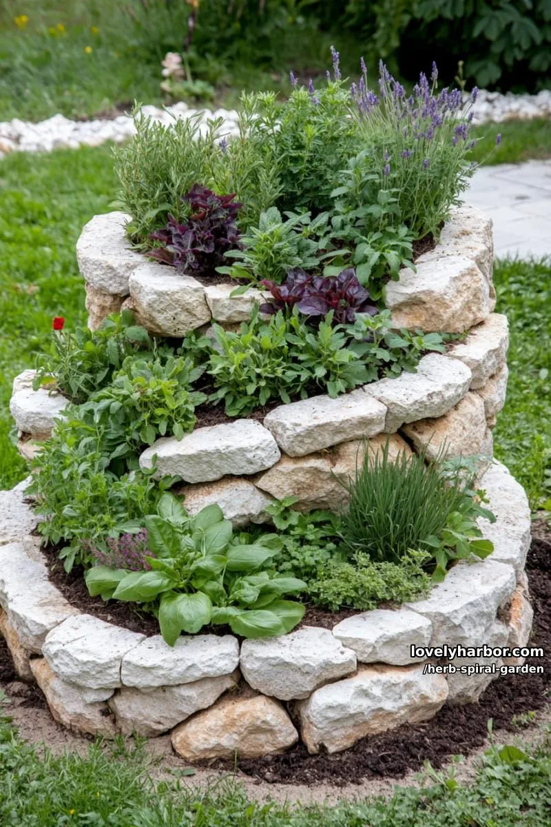 20 Unique Herb Spiral Garden Designs for Modern Yards 14 herbs in spiral stone garden bed on grass. 1