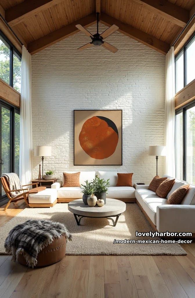 18 Modern Mexican Decor for a Stylish Home 17 high-ceiling living room with white brick wall, earthy decor, and large windows. 1