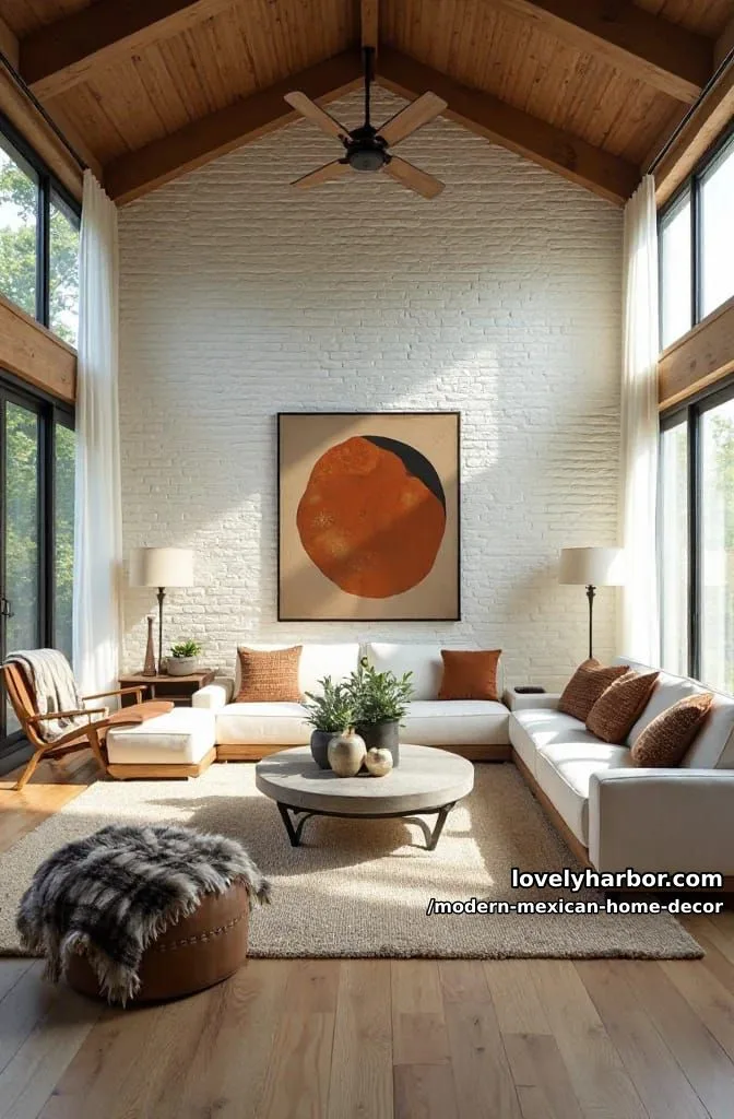 18 Modern Mexican Decor for a Stylish Home 16 high-ceiling living room with white brick wall, earthy decor, and large windows. 1