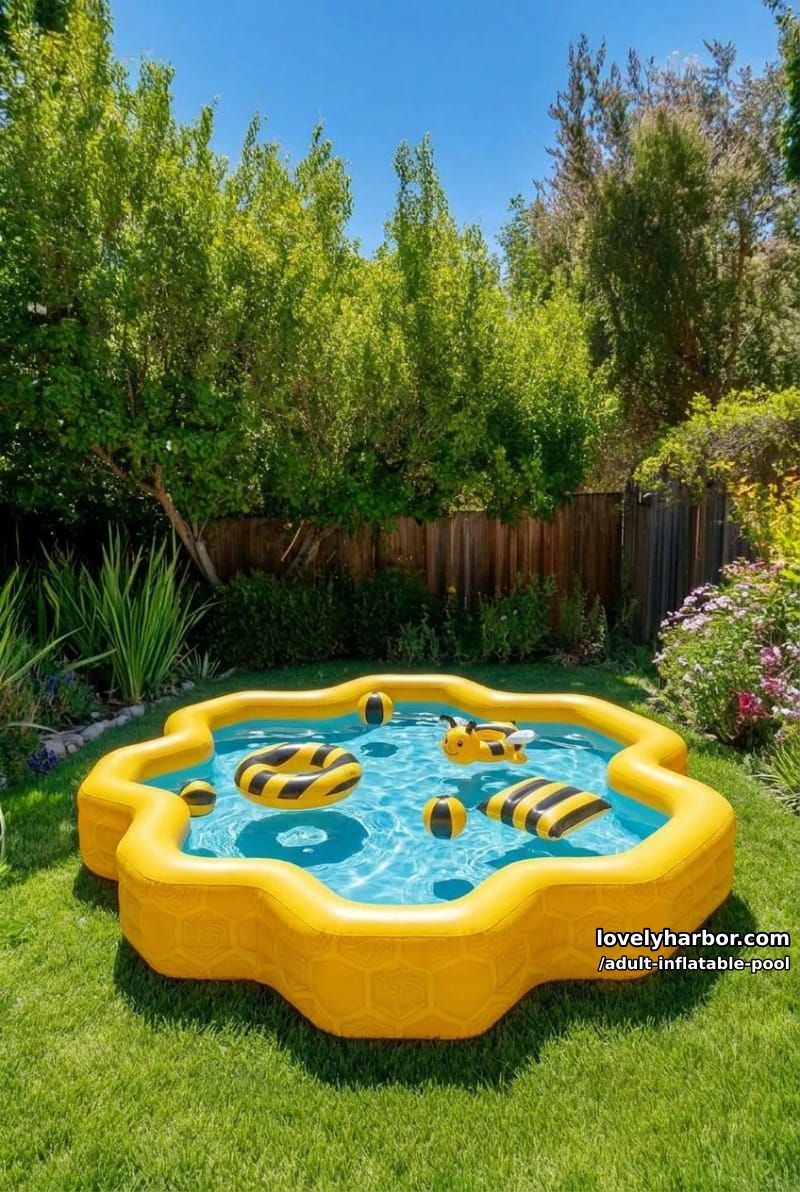 honeycomb inflatable pool with honeybee floaters in a lush backyard. 1